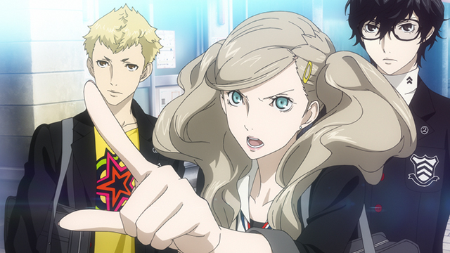 Ann, Ryuji e o protagonista em cena animada de Persona 5.