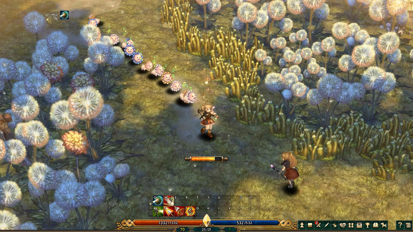 Personagens de Tree of Savior explorando um campo com interface de combate