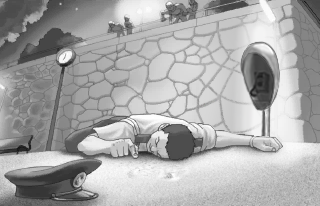 Cena de Ace Attorney com um personagem caído ao lado de um telefone público
