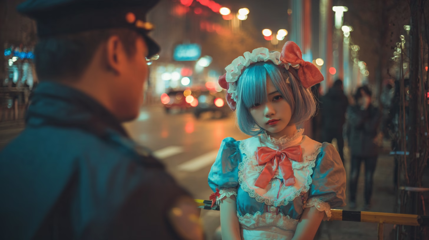 Menina de cosplay e um policial. Produção fictícia. Imagem: Eu, Brasileiro.